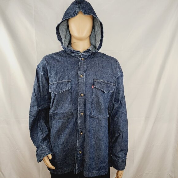 Levi's Warm Sutter Hooded Overshirt Navy XL OverSized Cottonized Hemp NWT - Picture 1 of 16